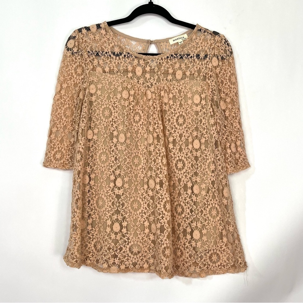 Women’s Monteau Nude Cream Tan 3/4 Sleeve Lace Overlay Back Keyhole Top Sz XL